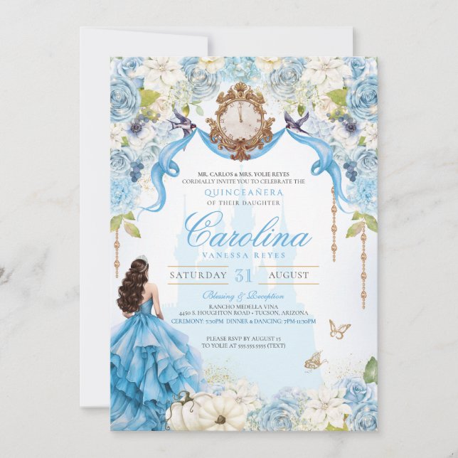 Cinderella Blue & Guld Princess Luxury Quinceanera Inbjudningar (Framsida)