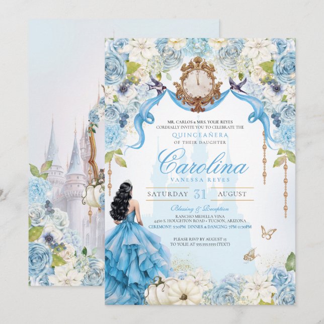 Cinderella Blue och Guld Princess Quinceanera Inbjudningar (Fram/baksida)