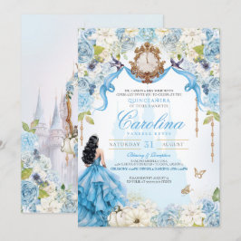 Cinderella Blue och Guld Princess Quinceanera Inbjudningar