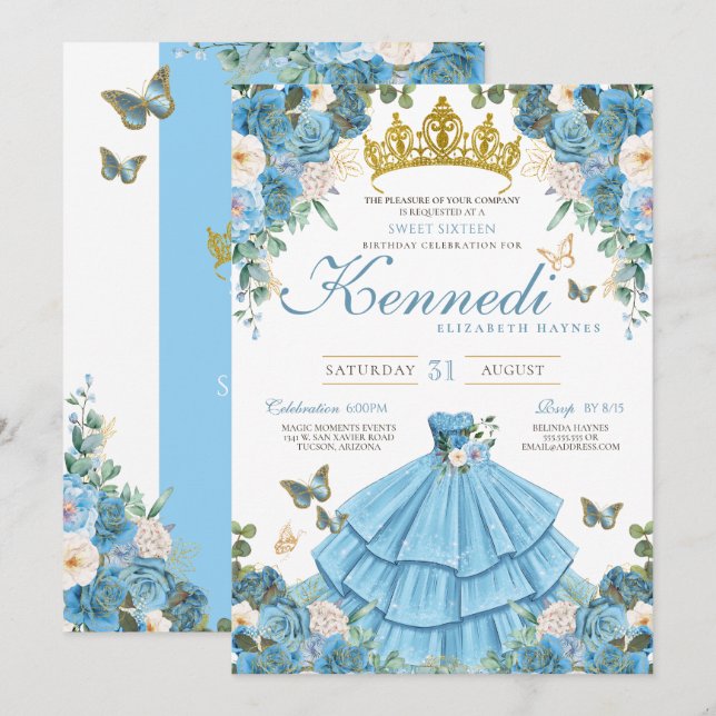 Cinderella Blue Ro Butterfly Princess Sweet 16 Inbjudningar (Fram/baksida)