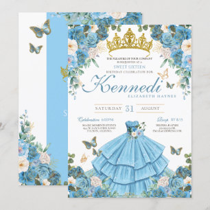 Cinderella Blue Ro Butterfly Princess Sweet 16 Inbjudningar