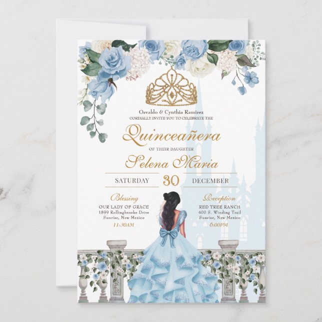 Cinderella Blue Ro & Guld Princess Quinceañera Inbjudningar (Framsida)
