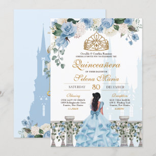Cinderella Blue Ro & Guld Princess Quinceañera Inbjudningar