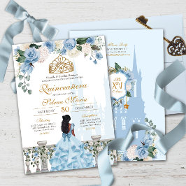 Cinderella Blue Ro & Guld Princess Quinceañera Inbjudningar