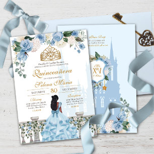 Cinderella Blue Ro & Guld Princess Quinceañera Inbjudningar