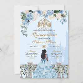 Cinderella Blue Ro & Guld Princess Quinceañera Inbjudningar