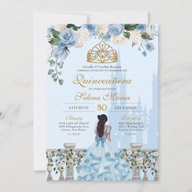 Cinderella Blue Ro & Guld Princess Quinceañera Inbjudningar (Framsida)