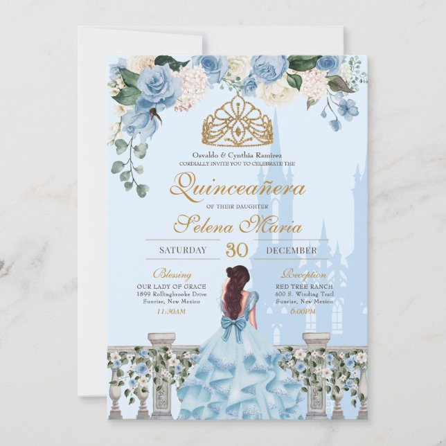 Cinderella Blue Ro & Guld Princess Quinceanera Inbjudningar (Framsida)