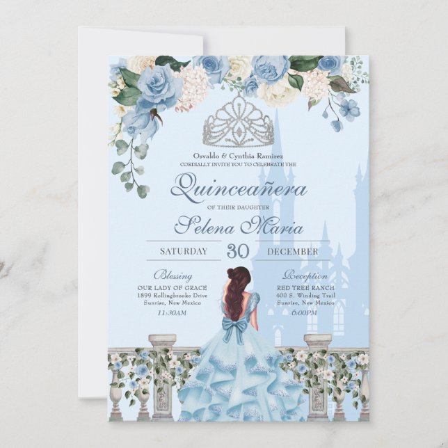 Cinderella Blue Ro Silver Princess Quinceanera Inbjudningar (Framsida)