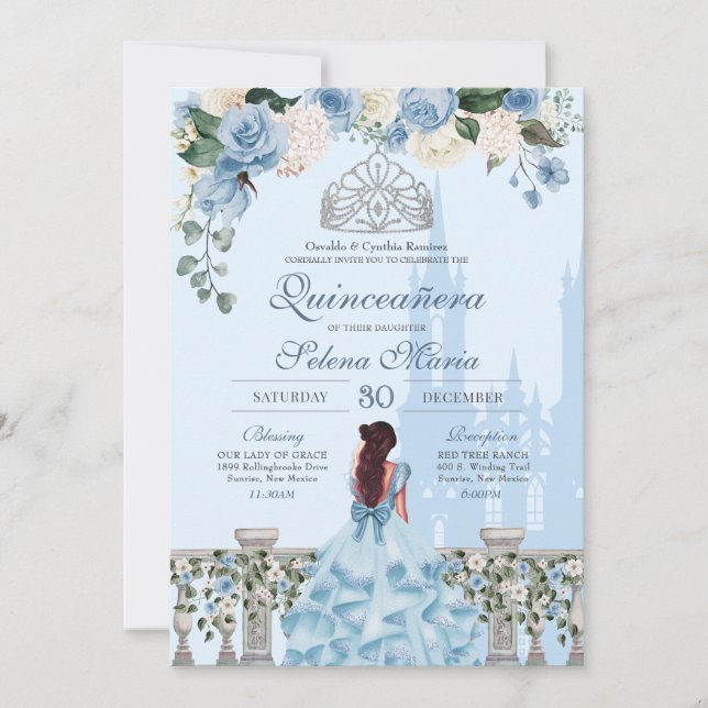 Cinderella Blue Ro Silver Princess Quinceañera Inbjudningar (Framsida)