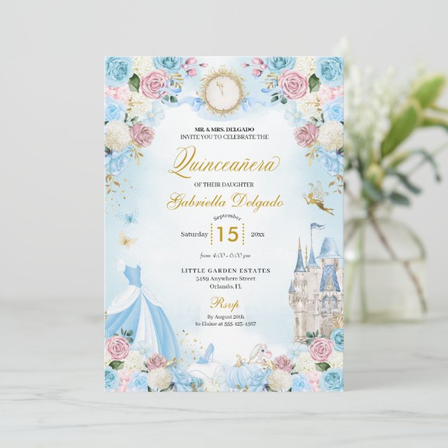Cinderella Blue & Rosa Fairytale Quinceanera Inbjudningar (Stående Fram)