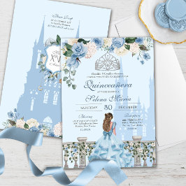 Cinderella Blue Silver Blommigt Princess Quinceane Inbjudningar