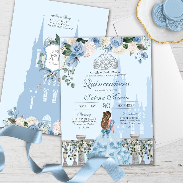 Cinderella Blue Silver Blommigt Princess Quinceane Inbjudningar (Skapare uppladdad)