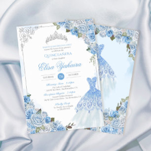 Cinderella Blue Silver Ro Princess Quinceanera Inbjudningar