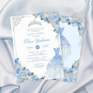 Cinderella Blue Silver Ro Princess Quinceanera Inbjudningar