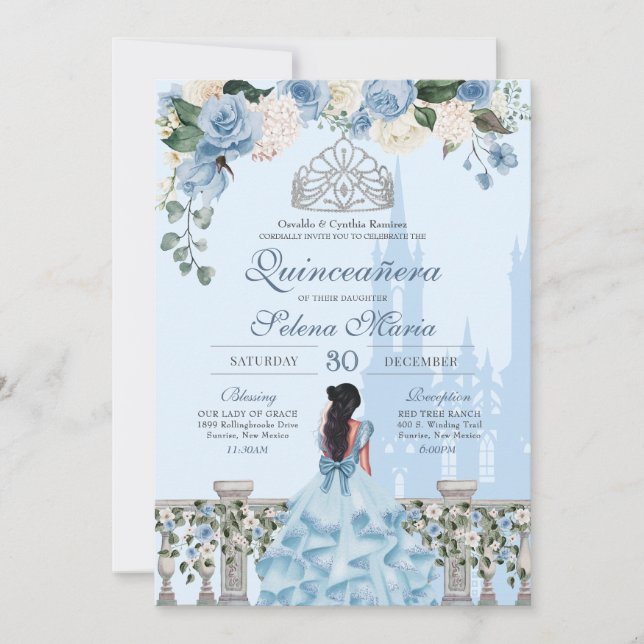 Cinderella Blue Silver Royal Princess Quinceanera Inbjudningar (Framsida)