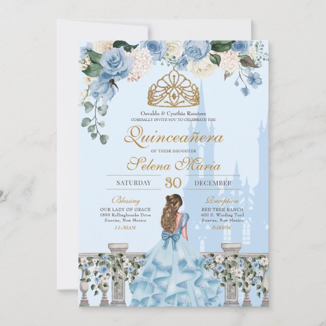 Cinderella Blue w Guld Blommigt Princess Quinceane Inbjudningar (Framsida)