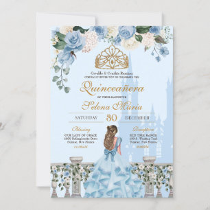 Cinderella Blue w Guld Blommigt Princess Quinceane Inbjudningar