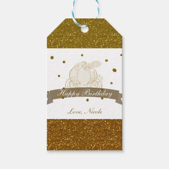 Cinderella Carriage Guld Glitter Party Gift Märkre Presentetikett (Framsidan)