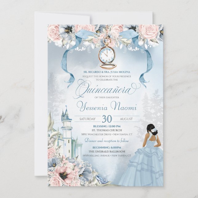 Cinderella Fairy Tale Blue Rosa Blommigt Quinceane Inbjudningar (Framsida)