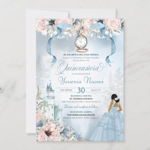 Cinderella Fairy Tale Blue Rosa Blommigt Quinceane Inbjudningar