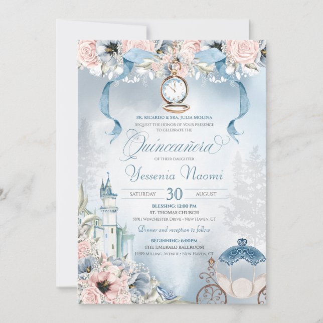 Cinderella Fairy Tale Light Blue Rosa Quinceanera Inbjudningar (Framsida)