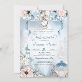 Cinderella Fairy Tale Light Blue Rosa Quinceanera Inbjudningar