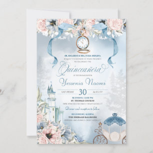 Cinderella Fairy Tale Light Blue Rosa Quinceanera Inbjudningar