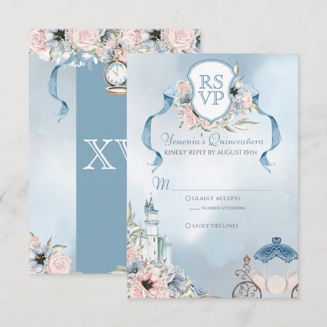 Cinderella Fairytale Elegant Blue Rosa Quinceanera OSA Kort (Fram/baksida)