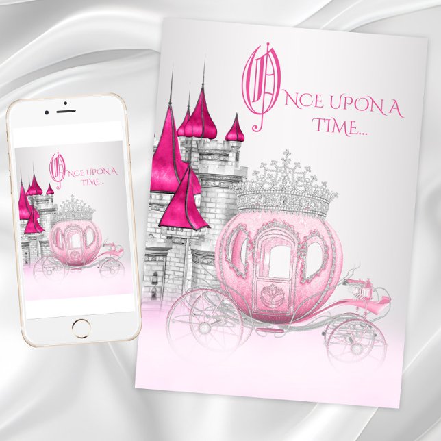 Cinderella Gång på en Time Princess Birthday Inbjudningar (Cinderella princess birthday party invitation with beautiful carriage and castle. Any number - event)