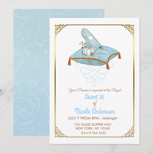 Cinderella Glass Slipper Elegant Sweet 16 Party Inbjudningar (Fram/baksida)