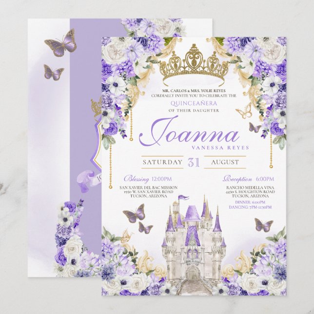 Cinderella Lavender Lila Princess Quinceanera Inbjudningar (Fram/baksida)