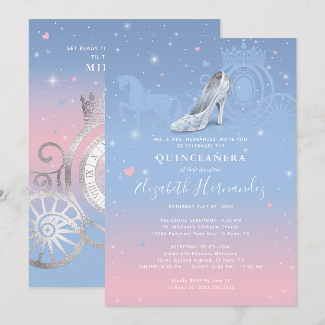Cinderella Light Blue och Rosa Quinceanera Inbjudningar (Fram/baksida)