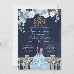 Cinderella Navy Blue Blommigt Princess Quinceañera Inbjudningar