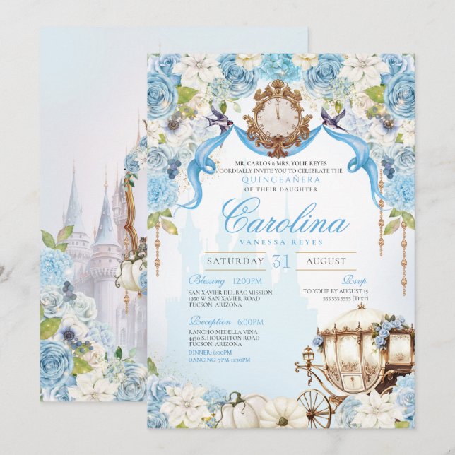 Cinderella Princess Carriage Elegant Quinceanera Inbjudningar (Fram/baksida)
