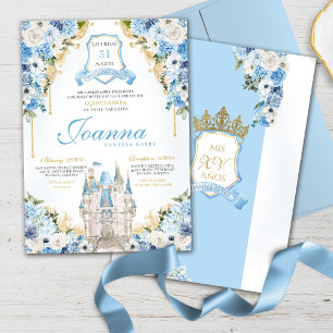 Cinderella Princess Castle Light Blue Quinceanera Inbjudningar