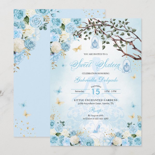 Cinderella Princess Enchanted Garden Sweet 16 Inbjudningar (Fram/baksida)