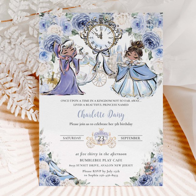 Cinderella Princess Fairytale Blue Blommigt Birthd Inbjudningar (Skapare uppladdad)