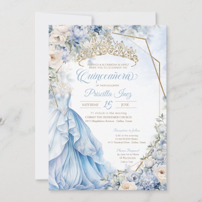 Cinderella Princess Light Blue Guld Quinceañera Inbjudningar (Framsida)