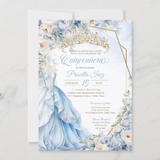 Cinderella Princess Light Blue Guld Quinceañera Inbjudningar