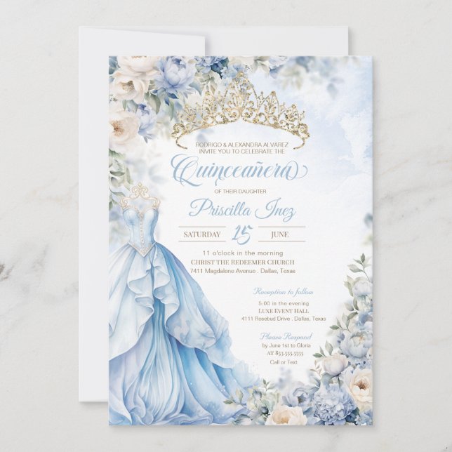 Cinderella Princess Light Blue Guld Quinceañera Inbjudningar (Framsida)