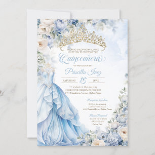Cinderella Princess Light Blue Guld Quinceañera Inbjudningar