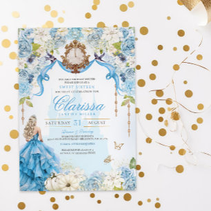 Cinderella Princess Light Blue och Guld Sweet 16 Inbjudningar