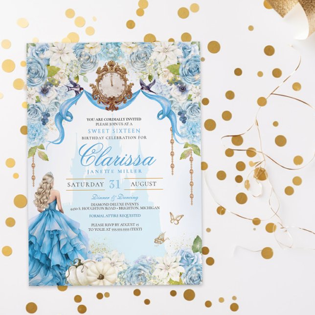 Cinderella Princess Light Blue och Guld Sweet 16 Inbjudningar (Skapare uppladdad)