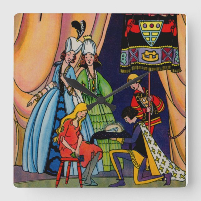 Cinderella, prinsen och glasskon fyrkantig klocka (Framsida)