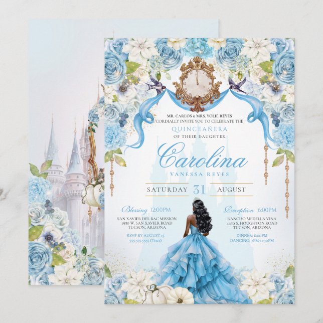Cinderella Quinceañera Blue Guld Luxury Birthday Inbjudningar (Fram/baksida)