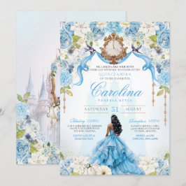 Cinderella Quinceañera Blue Guld Luxury Birthday Inbjudningar