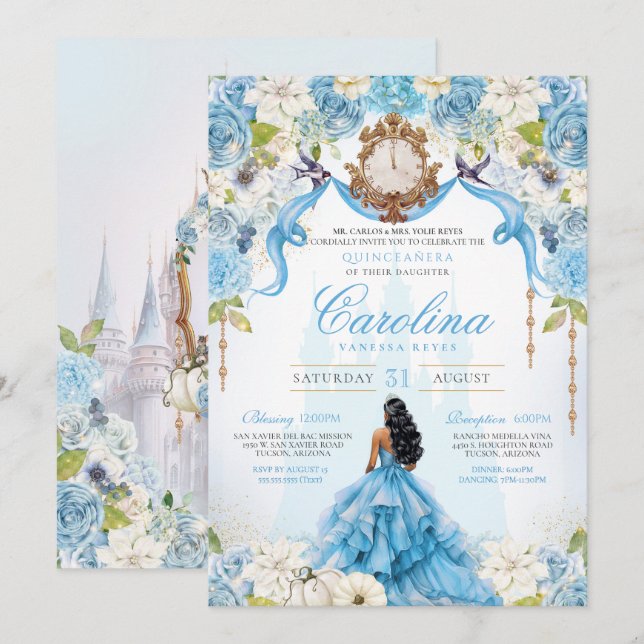 Cinderella Quinceañera Blue Guld Luxury Birthday Inbjudningar (Fram/baksida)