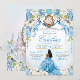 Cinderella Quinceañera Blue Guld Luxury Birthday Inbjudningar