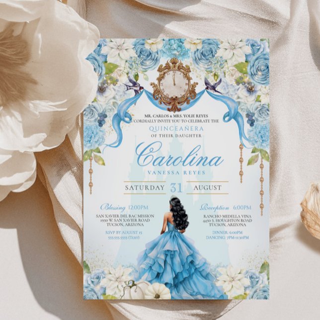 Cinderella Quinceanera Luxury Blue Guld Birthday Inbjudningar (Skapare uppladdad)